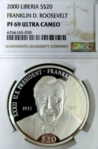 NGC PF69 UC-Liberia 2000 Franklin D. Roosevelt Silver $20 Almost Perfect Proof - Picture 1 of 2