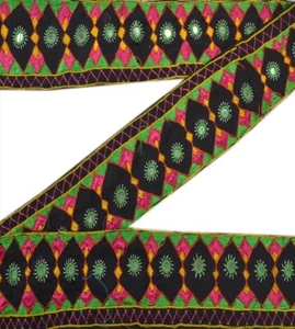 Sanskriti Vintage Sari Border Hand Embroidered Craft Trims Lace 1 Yd Decor Black - Picture 1 of 6
