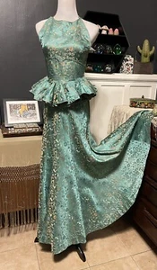 1940’s Vintage Silk Brocade Gown With Ruffled Peplum - Picture 1 of 14