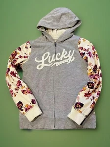 Lucky Brand Zip Up Floral Logo Fleece Hoodie Satin Lined Pockets Sleeves 14/16 - Picture 1 of 10