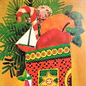 Medias de Navidad Faroy Pop Art 1965 postal de gran tamaño 5x7 a/s Celine Hunter - Imagen 1 de 3
