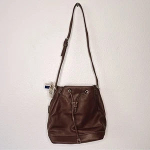 NWT Charter Club Bucket Drawstring Shoulder Boho Brown Leather Bag Purse - Picture 1 of 9