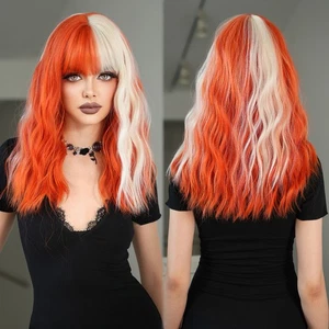 Parrucca Onda Tinta Spaccata Bionda Arancio Highlights con Bangs Smussati Y2K Capelli Sintetici - Foto 1 di 12