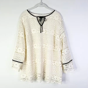 Talbots Top Women 2X Plus Ivory Lace Black Velvet Trim Lined Tunic Classic NWOT - Picture 1 of 6