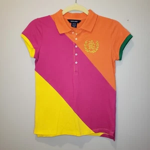 Girls POLO RALPH LAUREN Polo Shirt Size 10-12 Large Colorblock Pink Orange - Picture 1 of 5