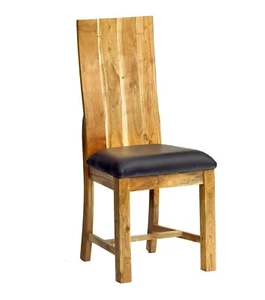 Solid Acacia Hardwood and Black Leather Seat High Backrest Dining Chair Set of-2 - Picture 1 of 1