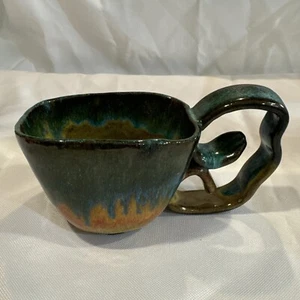 Handmade Pottery Mug Variegated Blue Green Drip Glaze 3”x6” Stamped Large Handle - Picture 1 of 12