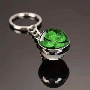 Lucky Crystal Marble Four Leaf Clover Keychain Irish Shamrock Keyring - Picture 1 of 5