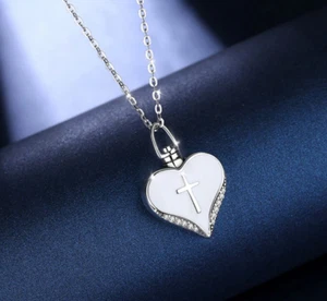 Exquisite 925 Sterling Silver Forever In My Heart Cremation Urn Cross Pendant - Picture 1 of 3