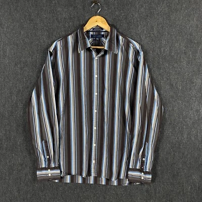 Tommy Hilfiger Mens XL Long Sleeve Button Up Shirt Brown Blue Stripe 80s Two Ply - image 1 of 4