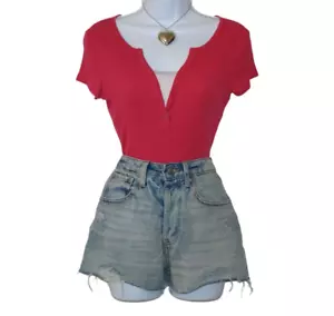 Y2K Henley Lace Insert Academia Preppy Tee Shirt Ribbed Vintage Short Sleeve Top - Picture 1 of 8