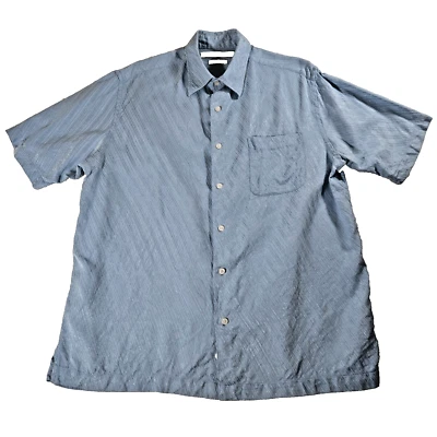 Vintage Perry Ellis Shirt Mens Blue Silk Textured Stripe Camp 80s Spring Break - Image 1 of 4