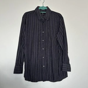 HUGO BOSS Mens 17 1/2 Regular Fit Navy with White Stripe Button Front Shirt - Picture 1 of 12