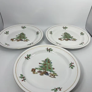 Holiday Hostess Tienshan w/GoldBand Christmas Tree Set Of 3 Dinner Plates 10 3/4 - Picture 1 of 6
