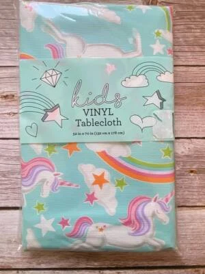 New Mainstream Kids Vinyl Tablecloth UNICORNS & RAINBOWS 60" Round 52"x70" Obl  - Image 1 of 2