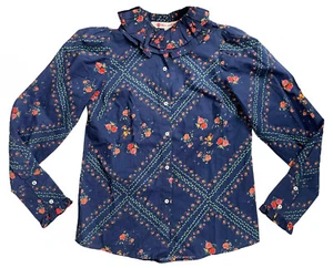 RO'S GARDEN Shirt blau Blumenmuster Baumwolle Rüschendetail Gr. XS NEU - Bild 1 von 9
