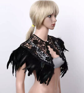 Natural Black Feather Shrug Shawl Wrap Cape Lace Collar Ribbon Costume Party