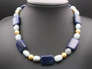 GOLDJUNGE69 GJH *XL DAMEN HALSKETTE LAPIS & AQUAMARIN + MK PERLE GOLD / - Bild 1 von 3
