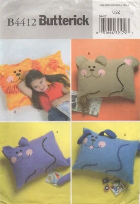 Butterick Sewing Pattern 4412 Fleece Pillow Cushion Fun Cat Dog Bear Lion New - Image 1 of 4