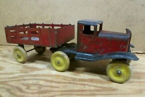 1920s GRAHAM STAKE BED SEMI TRUCK by GIRARD Pressed Steel Toy, 10 1/2" Long