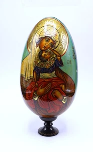Vintage 90's large signed religious lacquered wooden egg with stand 9"1/ - Picture 1 of 12