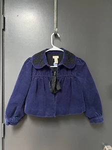 Anthropologie Elevenses Jacket Womens 2 Blue Crop Peter Pan Bow Crochet Corduroy - Picture 1 of 8