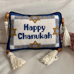 Happy Chanukah Needlepoint Decorative Pillow with Tassels - Picture 1 of 4