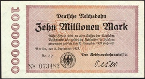 10 Million mark 1923 - Series: Bo 32 073482 Reichsbahn (Railroad) note -VF-#F3 - Picture 1 of 4