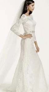 Galina Signature Ivory Beaded Lace Trumpet Wedding Dress David’s Bridal Size 2 - Picture 1 of 15