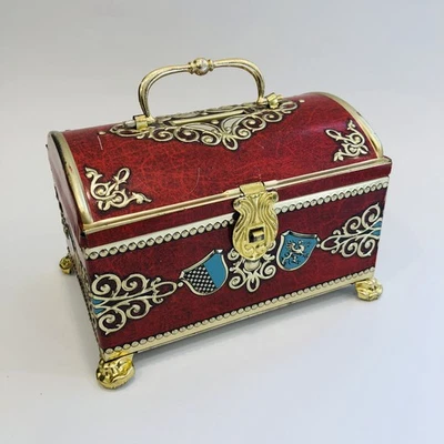 Caja de almacenamiento de lata de caramelo vintage banco cofre del tesoro ornamentado escudo de armas Foto 1 de 4