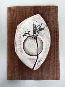 Vintage Ceramic Pottery On Rustic Wood Original Signed Wall Art Full Moon Tree - Picture 1 of 7