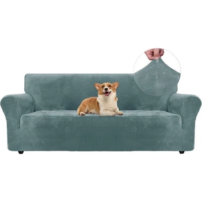 Samt Sofabezug 3 Sitzer Stretch Couchüberzug Elastisch schutz Grau Blau - Bild 1 von 4