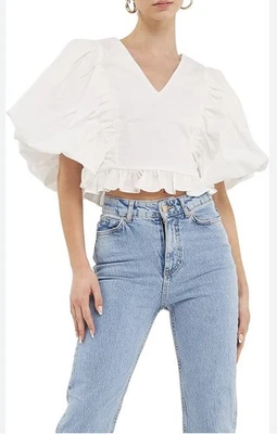 Endless Rose White V neck Puff Sleeve Crop Top- XS - Image 1 of 4