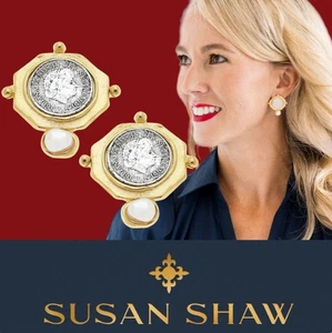 Pendientes Susan Shaw Moneda Holandesa y Perla Tachuelas 24K TPG Joyería - Imagen 1 de 13