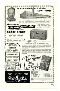 QST Ham Radio Magazine Print Ad GLOBE SCOUT Model 40A from World Radio (9/53) - Picture 1 of 1