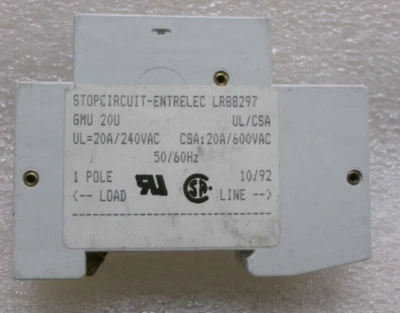 Entrelec LR88297 Circuit Breaker UL: 20A/240VAC CSA: 20A/600VAC 1-Pole #726F - Image 1 of 4