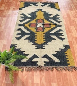 Navajo Kilim Rug Handmade Wool Jute Rug Aztec Accent Rug Outdoor Indoor Rug Deco - Picture 1 of 5