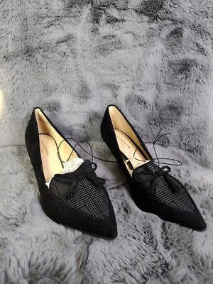 Liz Claiborne LC Athea Heel 6 1/2W Black Plaid Fabric Slip On Tassel Bow Pump - Image 1 of 4