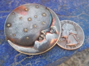 Authentic Original Edwardian Art Deco Silver Brass Man On The Moon Brooch 🌚🌛 - Picture 1 of 7