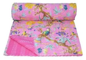 Pink Floral Bird Print Kantha Throw Twin Bedding Blanket Handmade Kantha Quilt