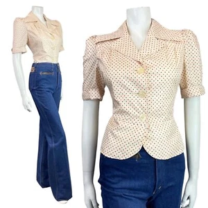 VINTAGE 60er 70er CREME ROT BLAU GEPUNKTET DOLCHKRAGEN MOD BLUSE 10 - Bild 1 von 5