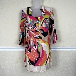 Trina Turk Floral V-Neck Sheath Cocktail Dress Size 0 70's Disco 100% Silk Bell - Picture 1 of 8