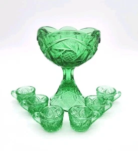 Imperial Glas Kinder Smaragdgrün Wirbelnder Stern Miniatur Bowle Schüssel Set Tassen - Bild 1 von 5