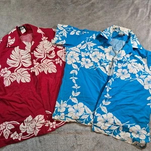 VTG Hilo Hattie Hawaiian Shirts Men XL Blue White Red Tropical Short Sleeve Pair - Picture 1 of 13
