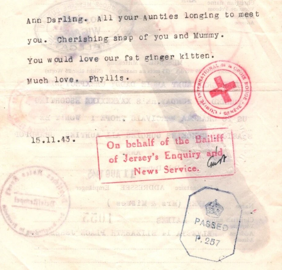 GB Channel Is WW2 RED CROSS Message 1943 Wigan WALLGATE Jersey *BAILIFF* MAX144 - Image 1 of 4