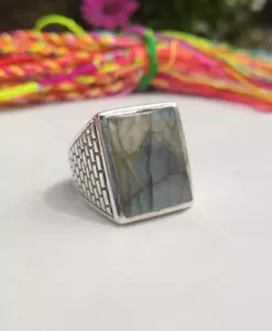 ANELLO UOMO ARGENTO 925 RING SILVER STERLING LABRADORITE MISURA 24 U45 - Foto 1 di 11