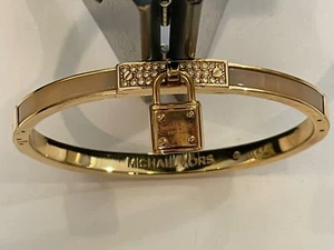 Michael Kors Bracelet Bangle Rose Gold Tone Pave Crystals Padlock Charm - Picture 1 of 7