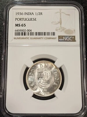 1936 MS65 India Portuguese Silver 1/2 Rupia NGC KM 23 Tough Grade - Image 1 of 2