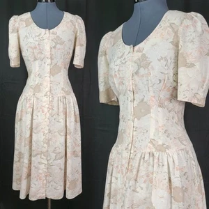 Vtg TJ Juniors White/Peach/Beige Floral Drop Waist Button Down Dress Size 3/4 - Picture 1 of 21