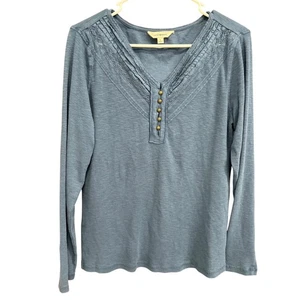 Lucky Brand Women's Long Sleeve Top Blue Lace Trim Button Henley Large - Picture 1 of 10
